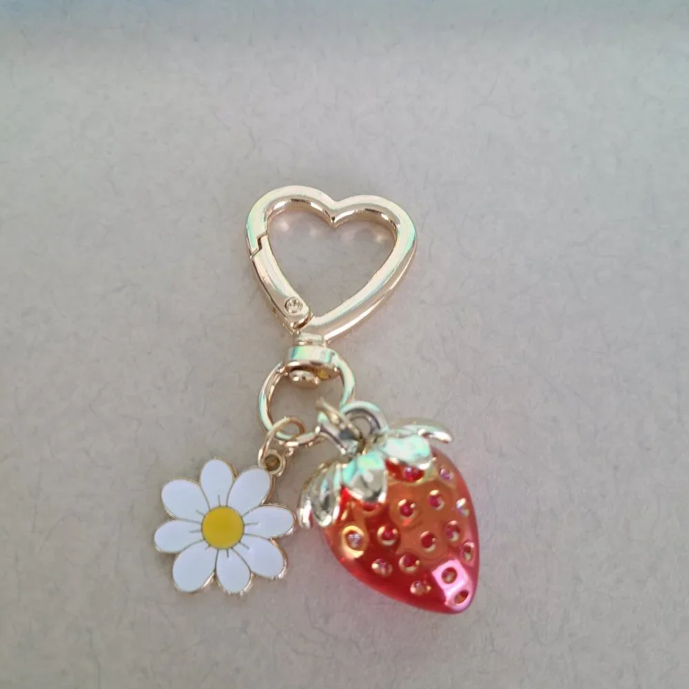 Red Strawberry and Daisy Purse Charm with Heart
